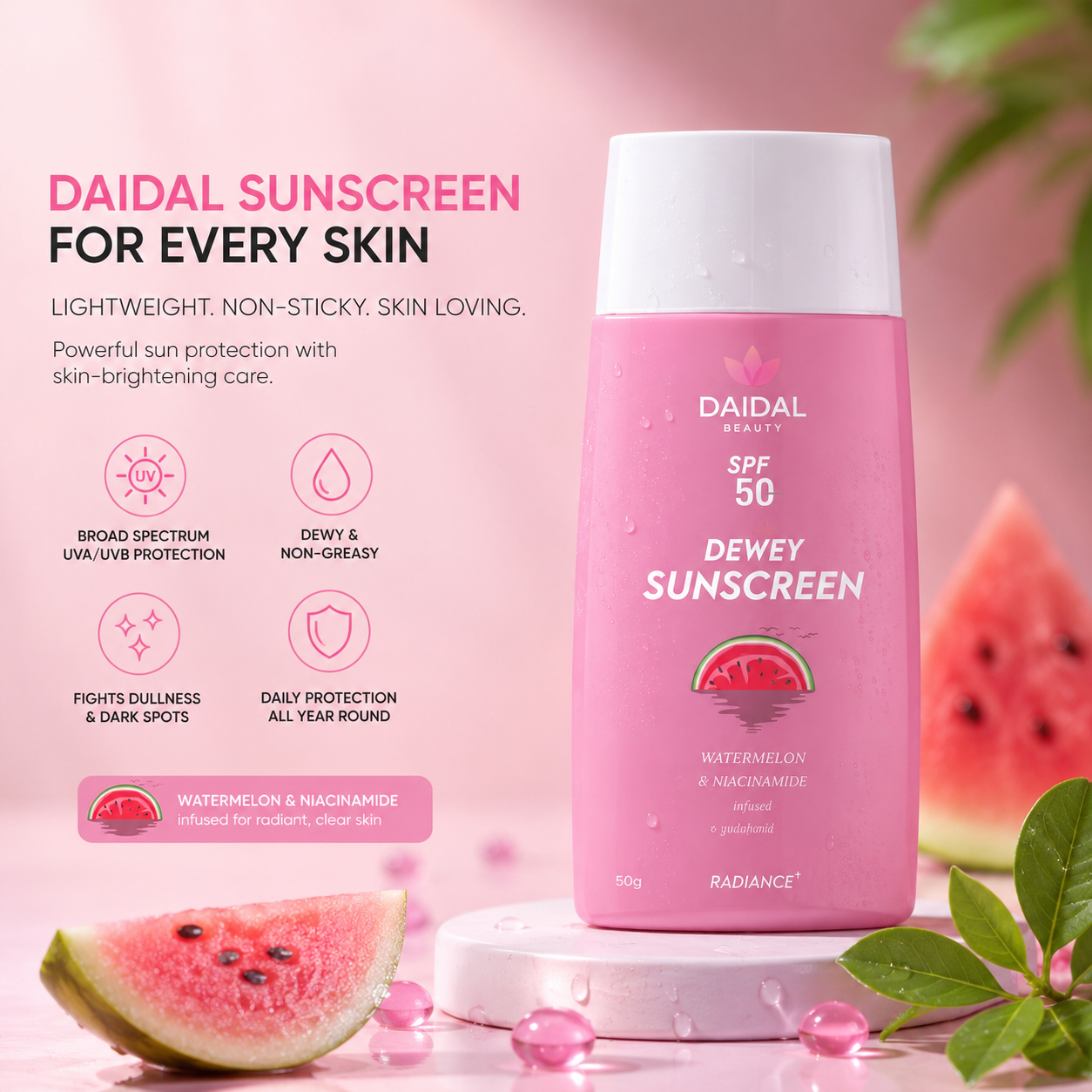DAIDAL  SPF 50 Sunscreen Combo Pack (3 x 50g) | Watermelon + Vitamin C + Blueberry | Sunscreen for All Skin Types