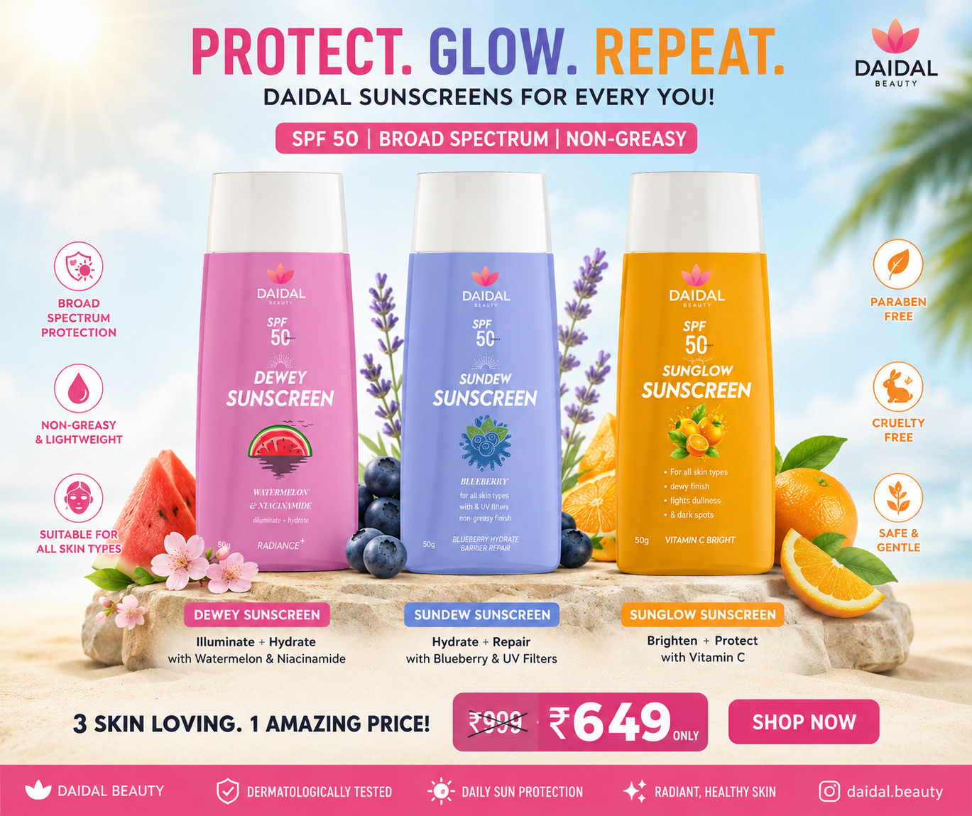 DAIDAL  SPF 50 Sunscreen Combo Pack (3 x 50g) | Watermelon + Vitamin C + Blueberry | Sunscreen for All Skin Types