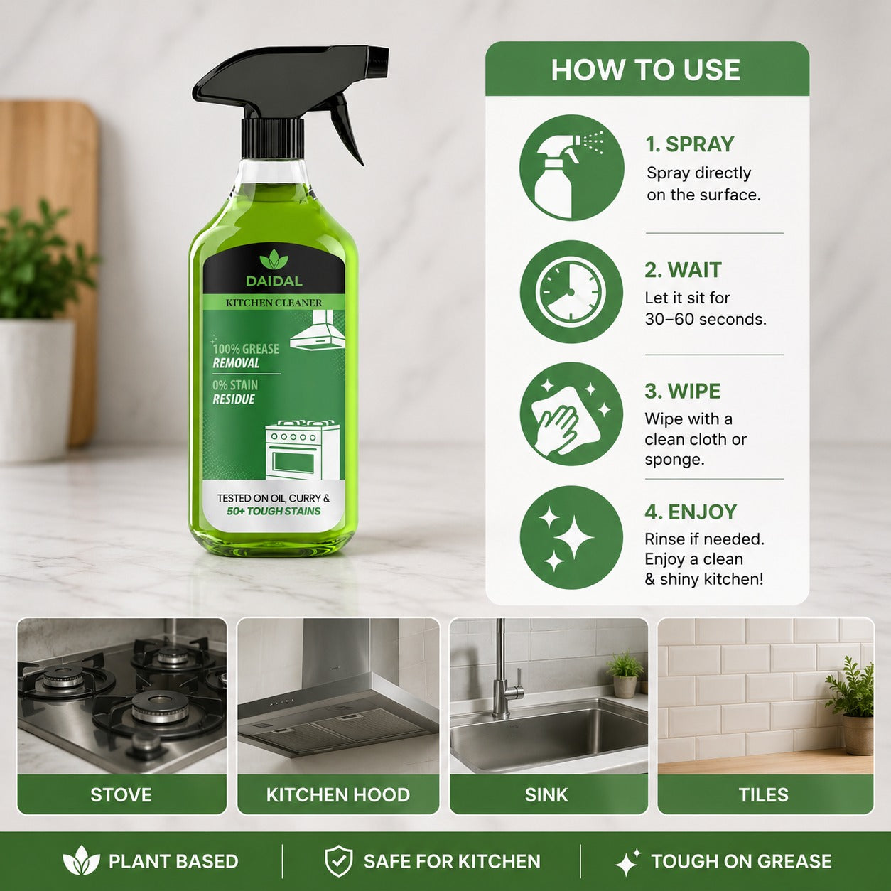 DAIDAL Kitchen Cleaner Spray 500 ML | Powerful Grease Remover for Stovetops, Hoods, Sinks & Kitchen Surfaces