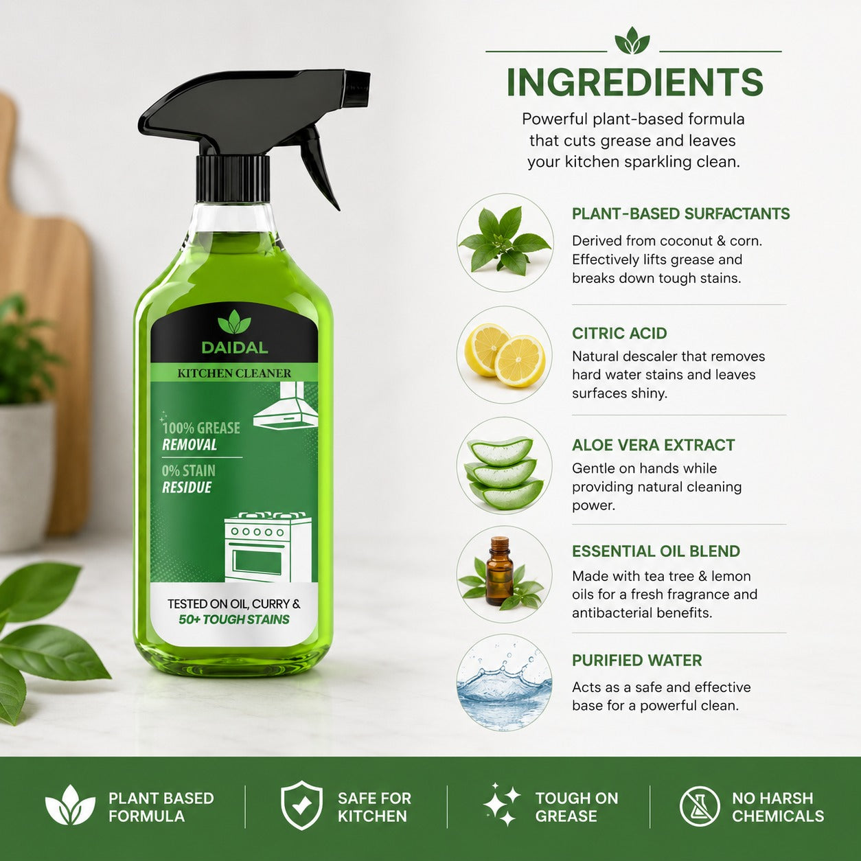 DAIDAL Kitchen Cleaner Spray 500 ML | Powerful Grease Remover for Stovetops, Hoods, Sinks & Kitchen Surfaces