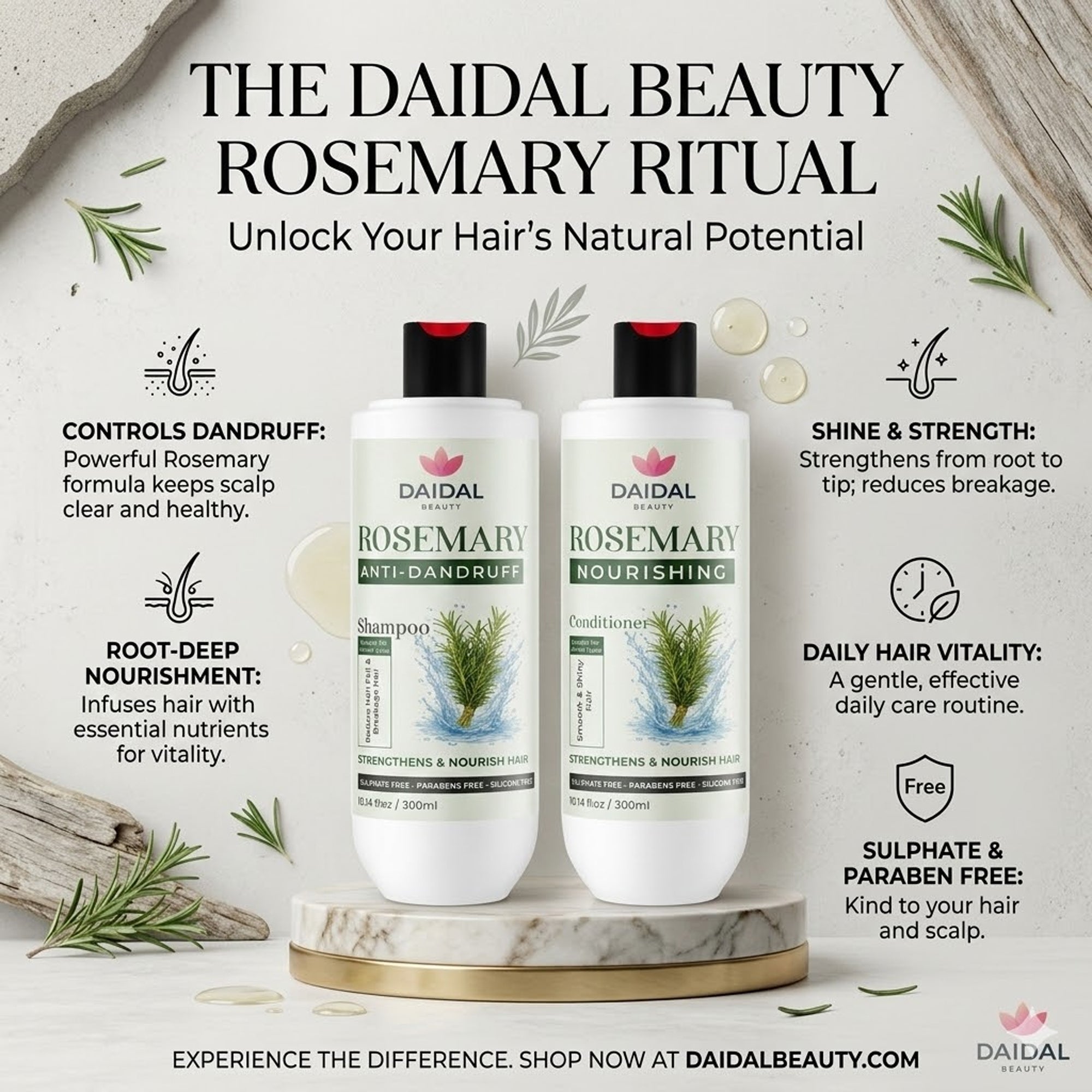Daidal Rosemary Shampoo & Conditioner Duo – Anti-Dandruff + Nourishing Hair Care Set (300ml Each)