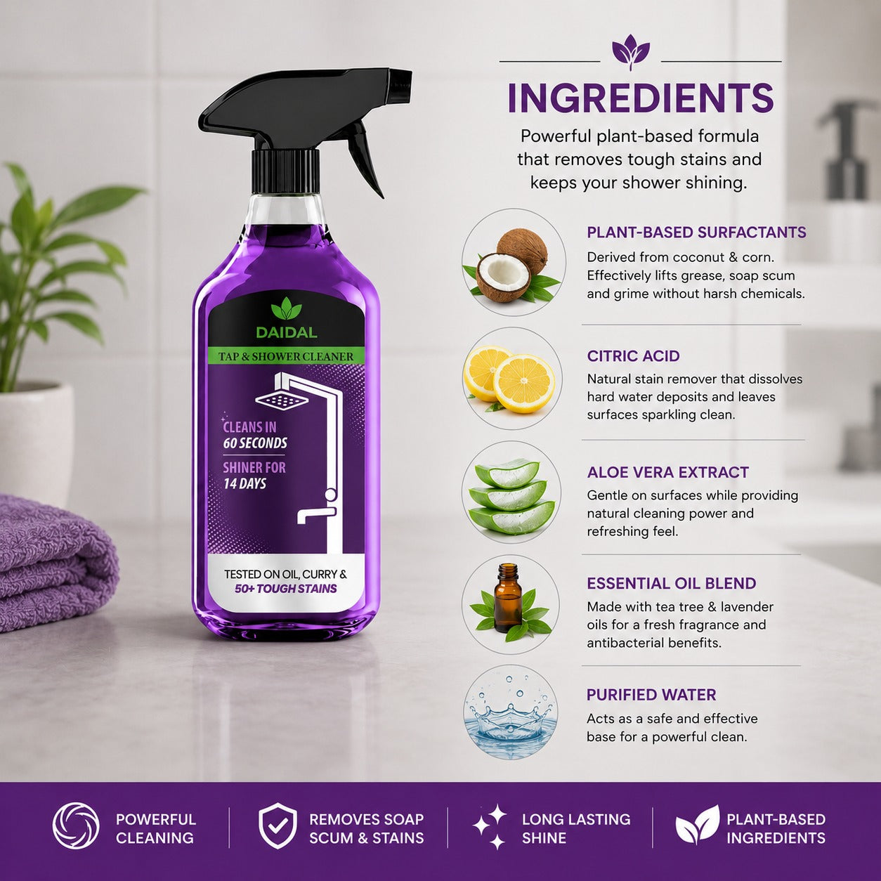 DAIDAL Tap & Shower Cleaner Spray 500 ML | Removes Hard Water Stains, Soap Scum & Limescale in 60 Seconds