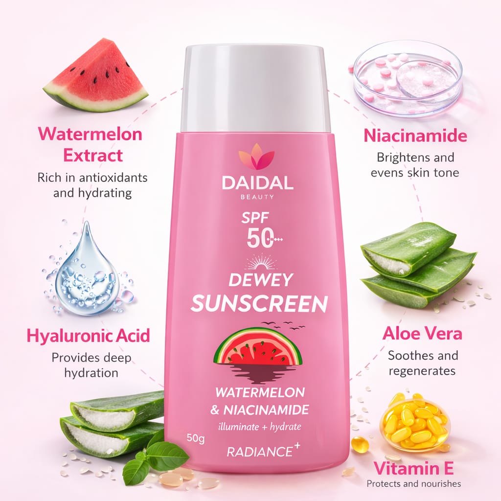 DAIDAL Watermelon & Niacinamide Dewy Sunscreen SPF 50 | Hydrating Glow & UV Protection