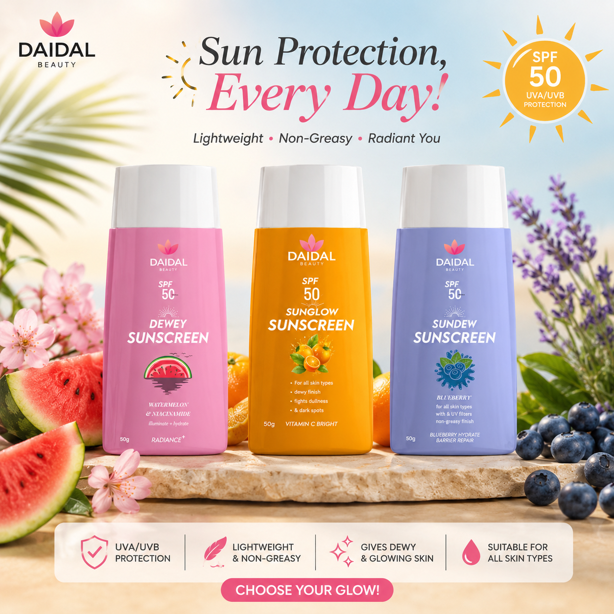 DAIDAL  SPF 50 Sunscreen Combo Pack (3 x 50g) | Watermelon + Vitamin C + Blueberry | Sunscreen for All Skin Types