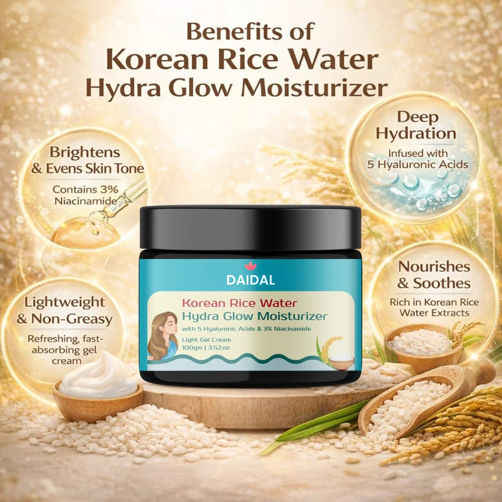 DAIDAL Korean Rice Water Hydra Glow Moisturizer with 5 Hyaluronic Acids & 3% Niacinamide | Deep Hydration & Brightening Gel Cream (100g)