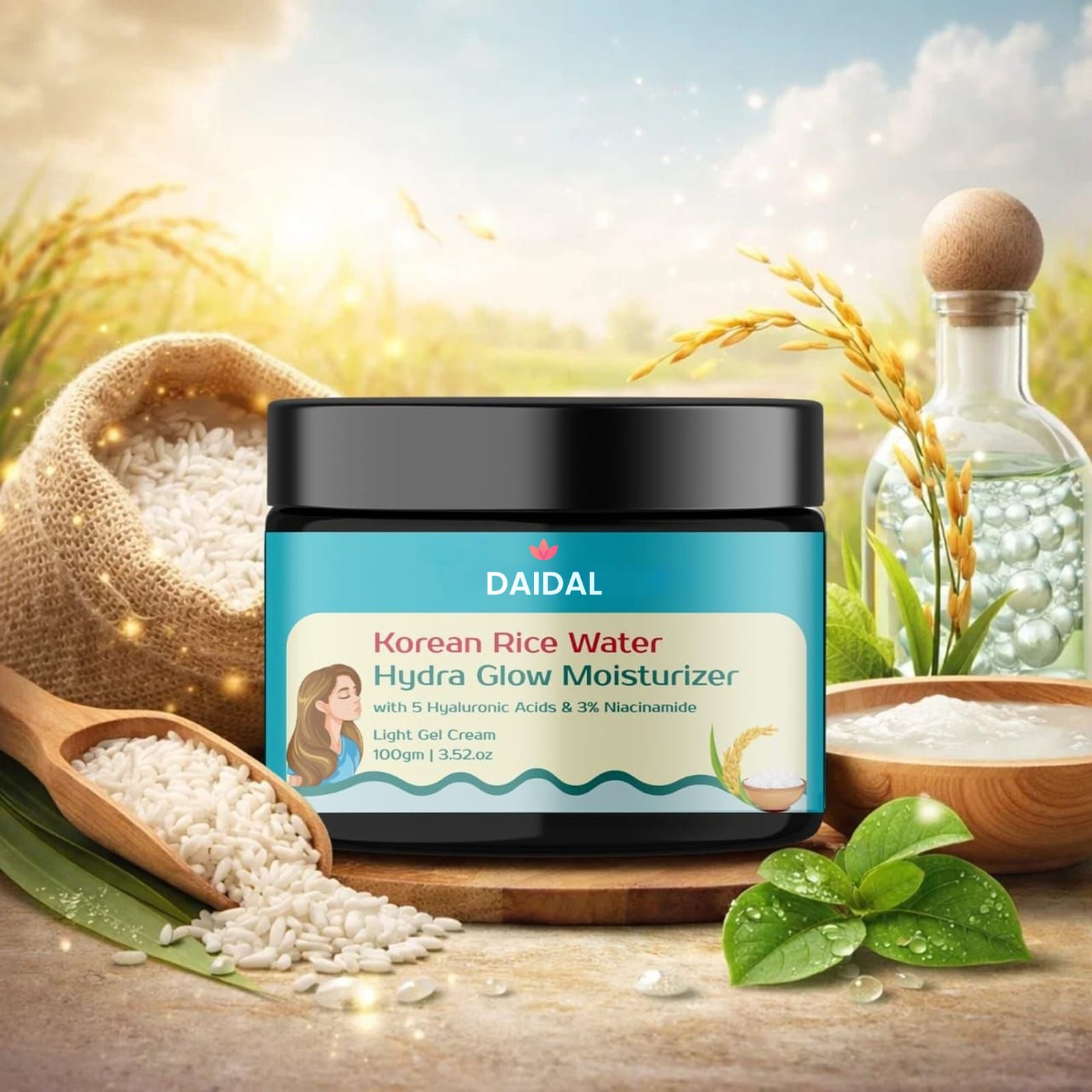 DAIDAL Korean Rice Water Hydra Glow Moisturizer with 5 Hyaluronic Acids & 3% Niacinamide | Deep Hydration & Brightening Gel Cream (100g)