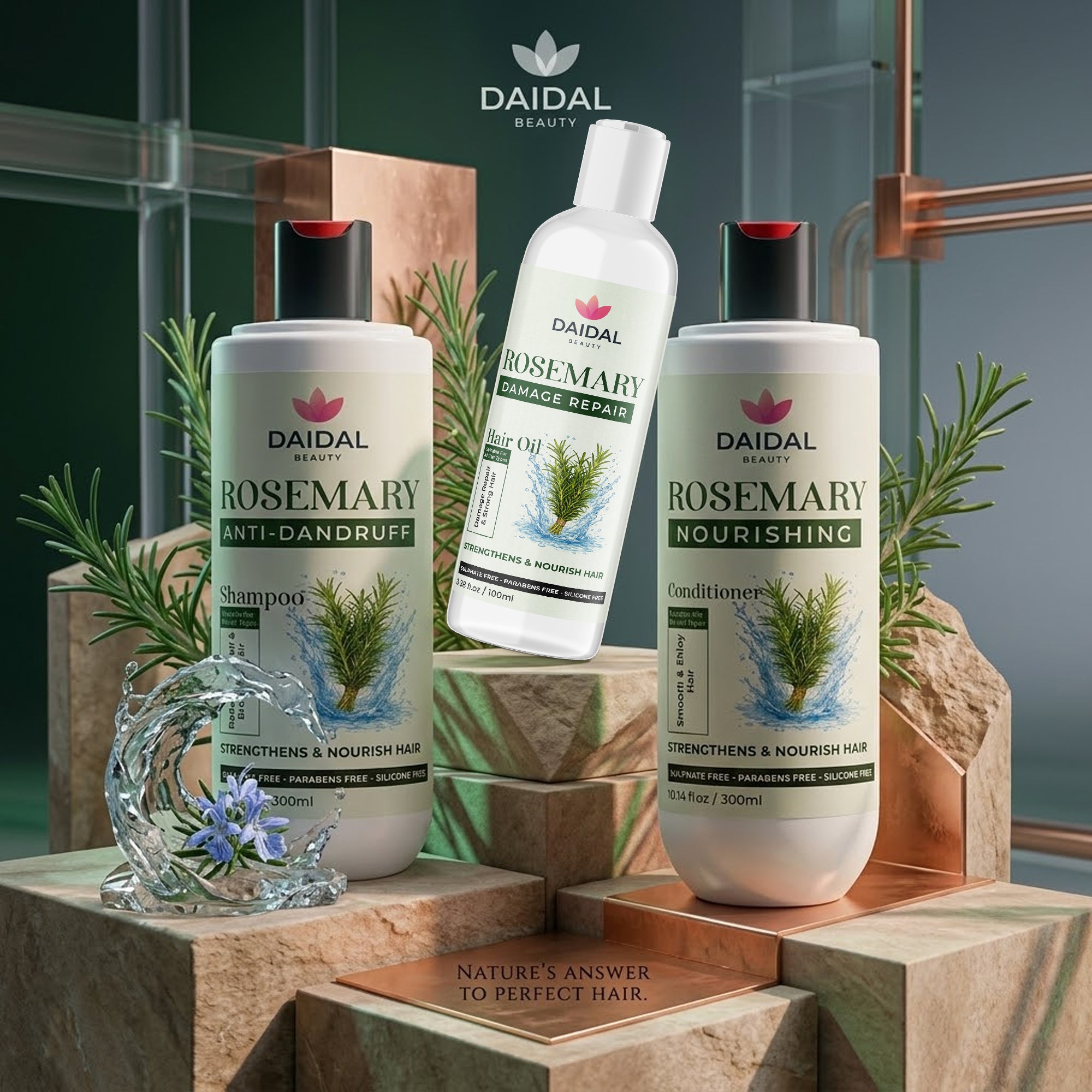 Daidal Rosemary Hair Care Trio – Anti-Dandruff Shampoo, Nourishing Conditioner & Damage Repair Hair Oil  ✨ Hook Line (Above Add-to-Cart):