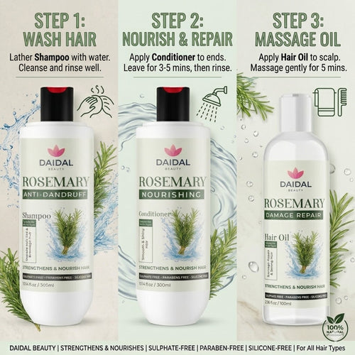 Daidal Rosemary Hair Care Trio – Anti-Dandruff Shampoo, Nourishing Conditioner & Damage Repair Hair Oil  ✨ Hook Line (Above Add-to-Cart):
