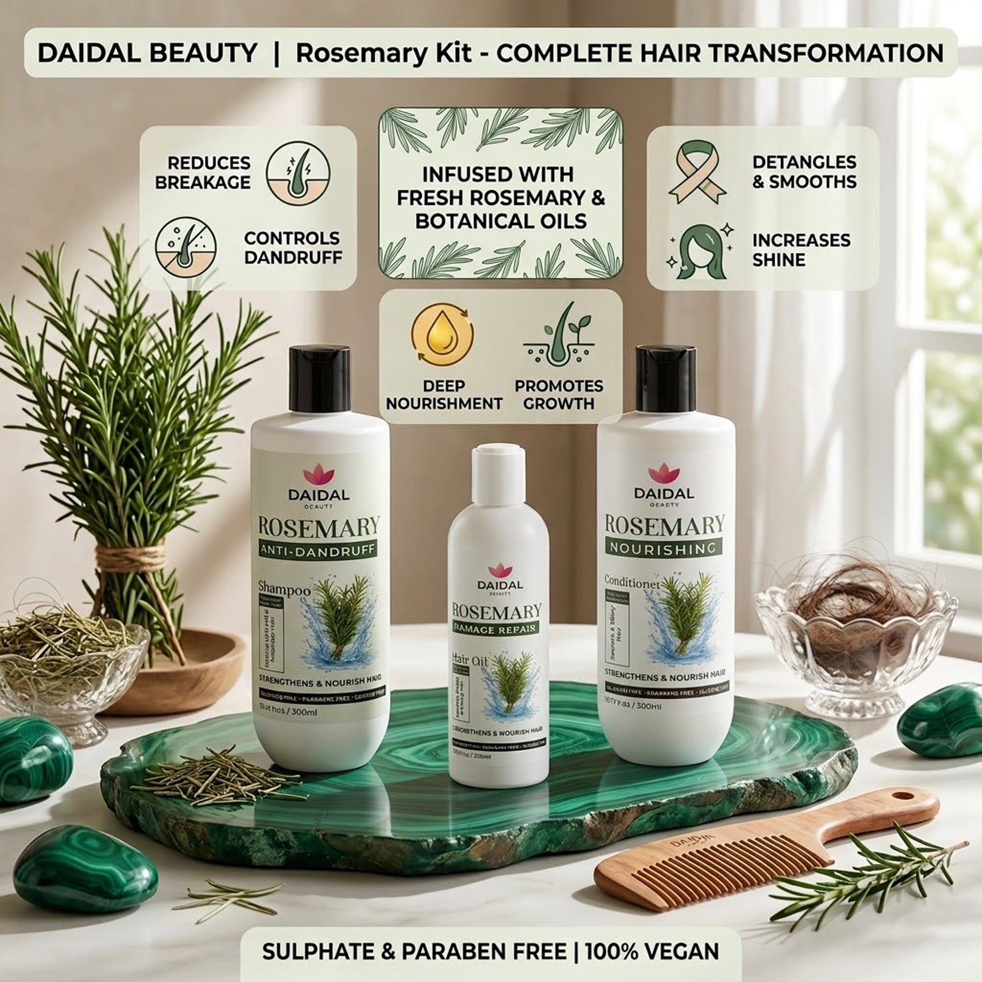 Daidal Rosemary Hair Care Trio – Anti-Dandruff Shampoo, Nourishing Conditioner & Damage Repair Hair Oil  ✨ Hook Line (Above Add-to-Cart):