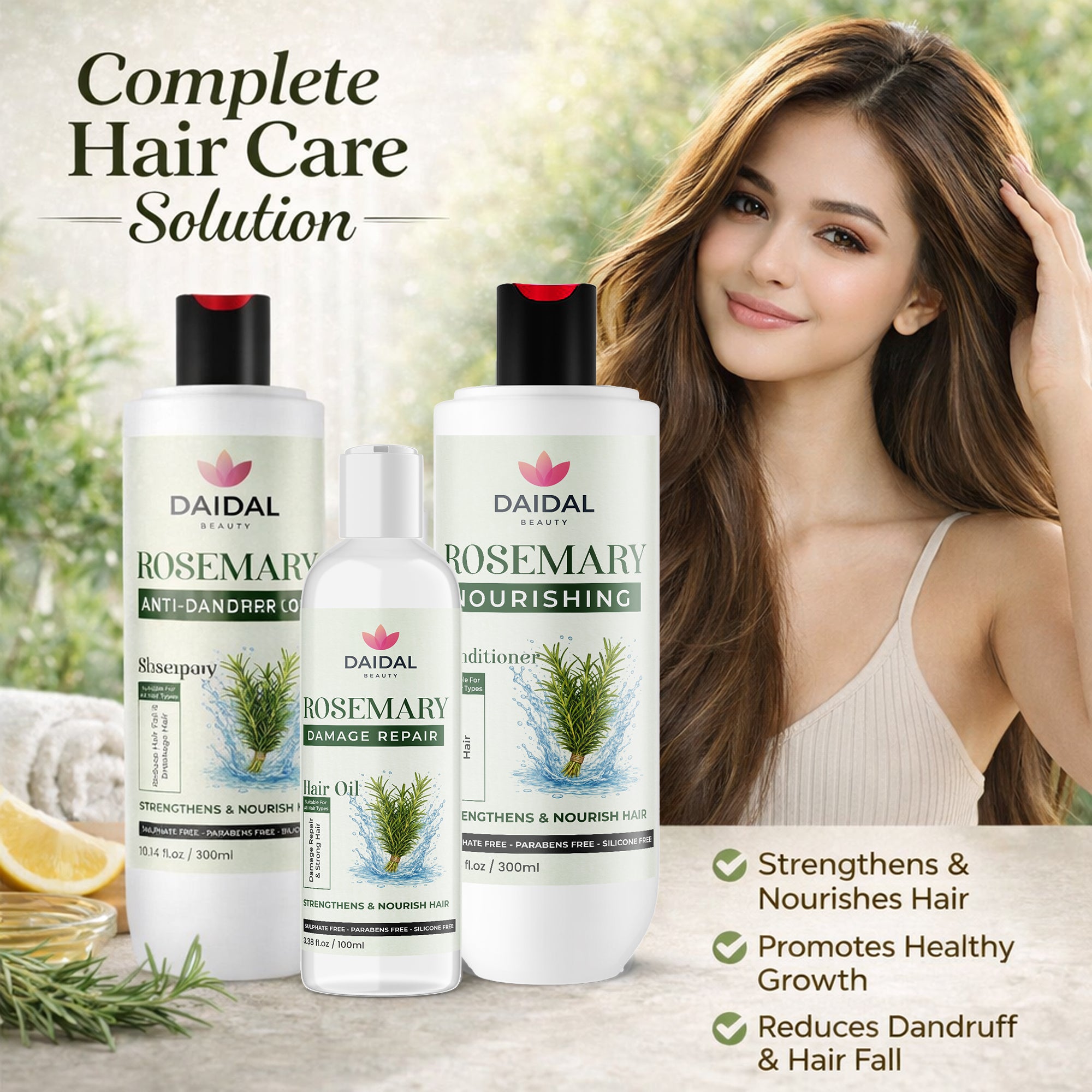 Daidal Rosemary Hair Care Trio – Anti-Dandruff Shampoo, Nourishing Conditioner & Damage Repair Hair Oil  ✨ Hook Line (Above Add-to-Cart):