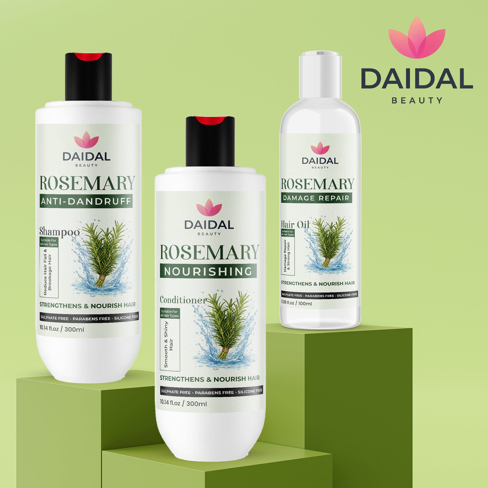 Daidal Rosemary Hair Care Trio – Anti-Dandruff Shampoo, Nourishing Conditioner & Damage Repair Hair Oil  ✨ Hook Line (Above Add-to-Cart):