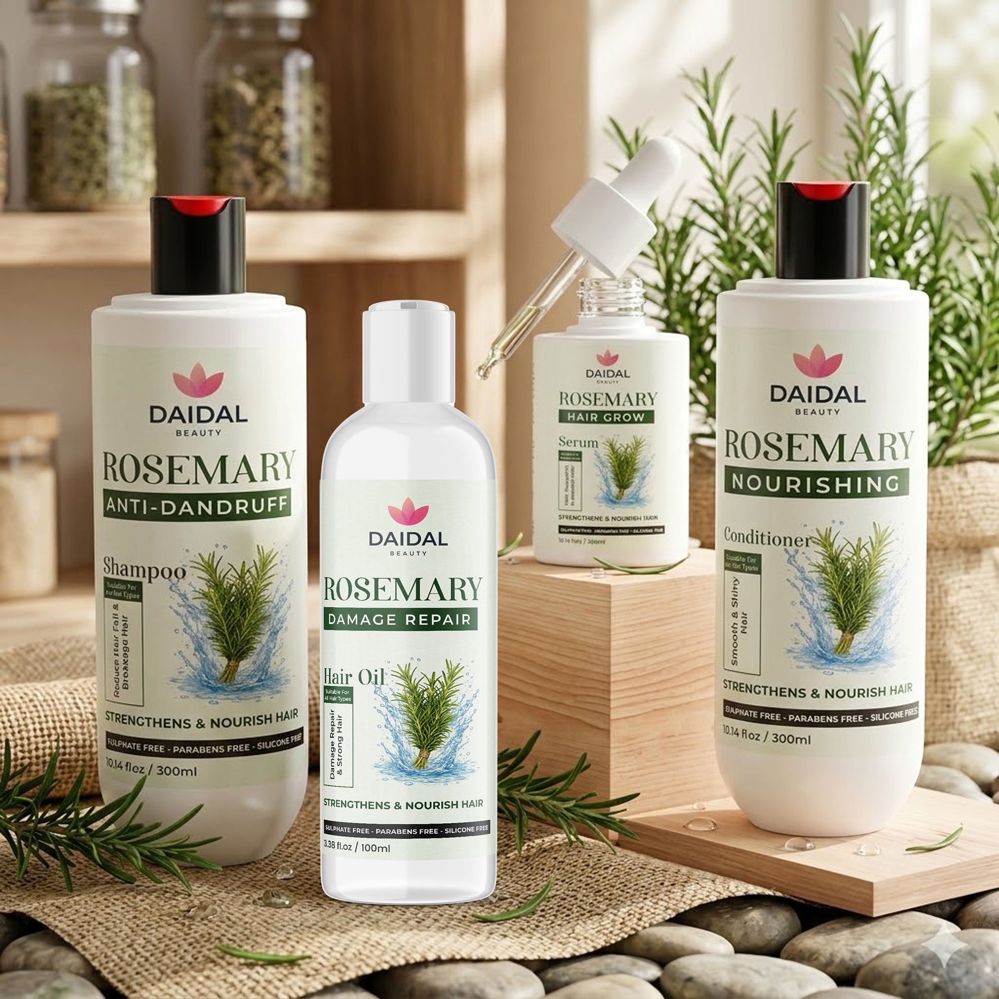 Daidal Rosemary Hair Care Combo (4-in-1) – Anti-Dandruff Shampoo, Nourishing Conditioner, Hair Growth Serum & Repair Oil